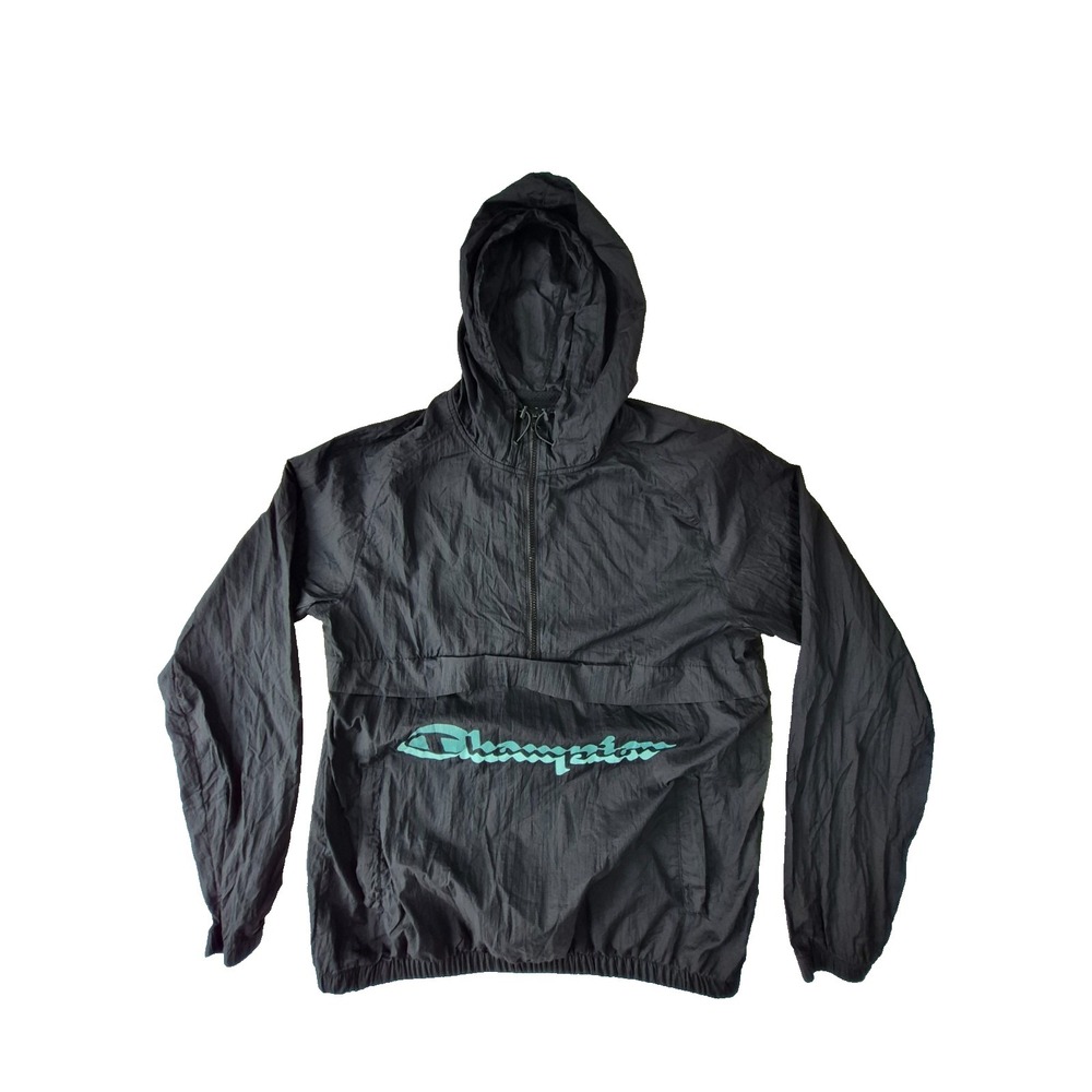 Champion Large Black Hooded Anorak Windbreaker Pullover Jacket Packable Nylon